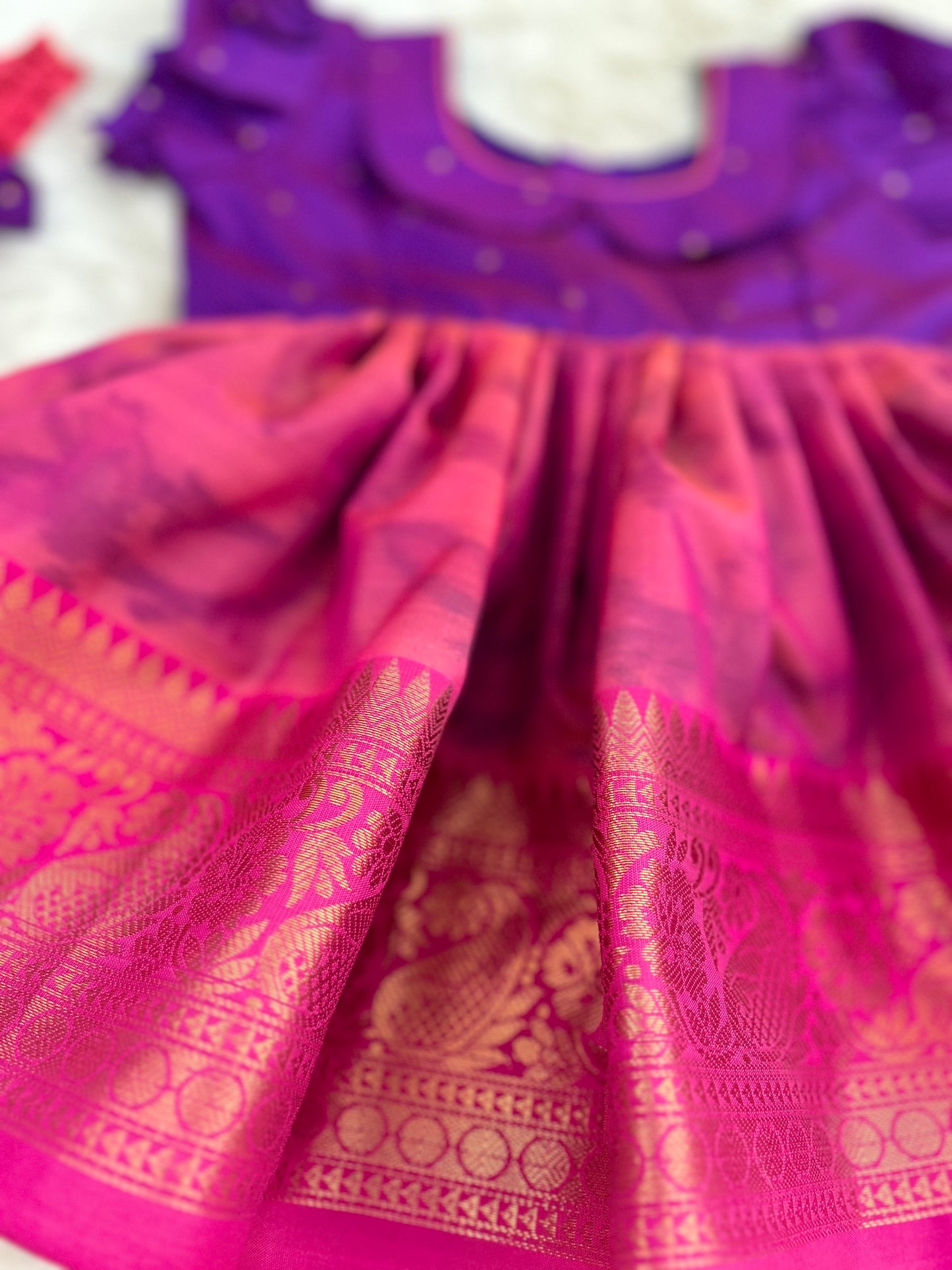 Dual Tone Purple with Pink (Vintage Style) - Soft Silk Kalamkari Design Ethnic Wear Frock for Baby Girl