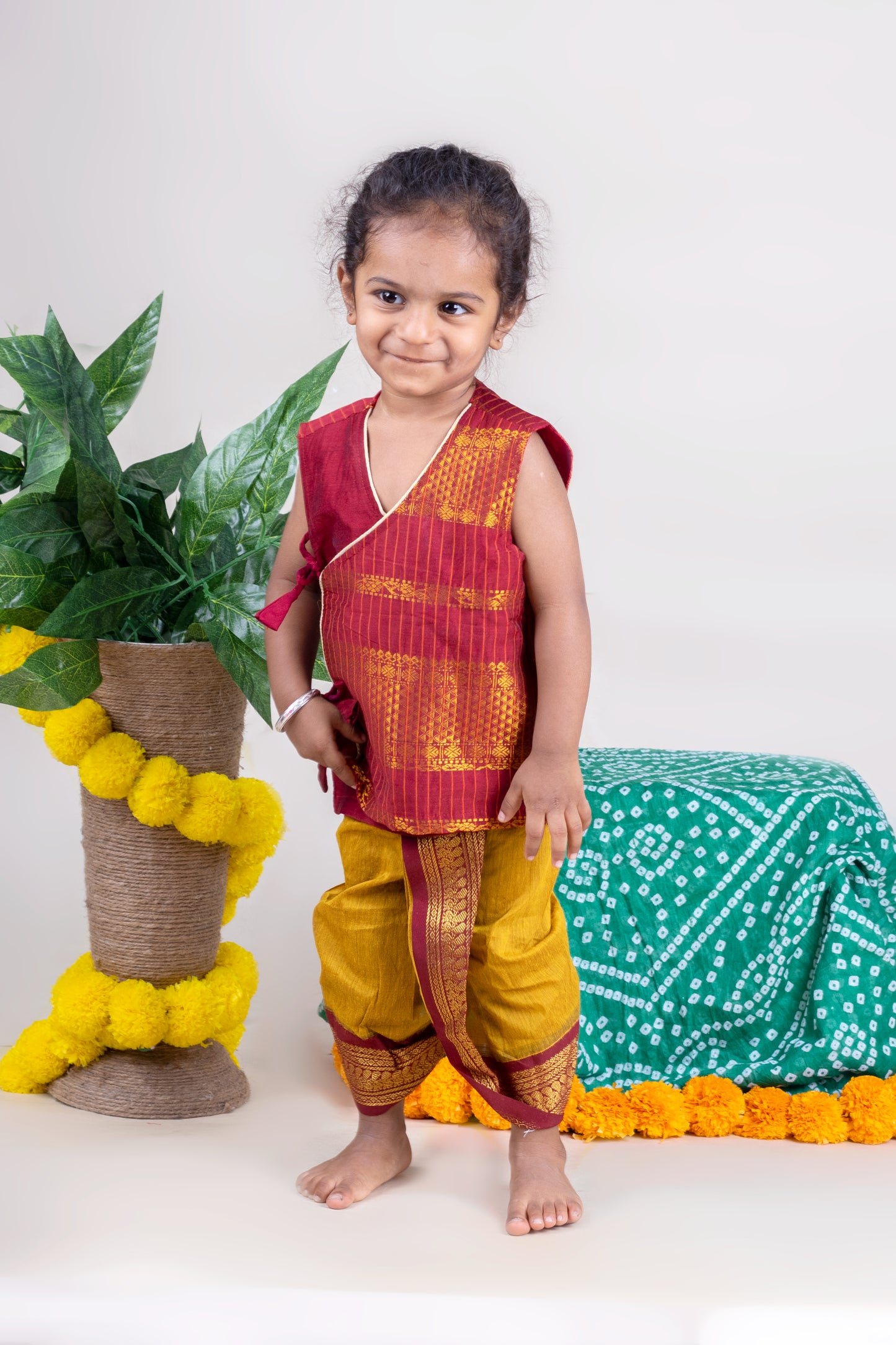 Maroon and mustard yellow - Angrakha kurta dhoti ethnic wear(Sleeveless) for baby boy