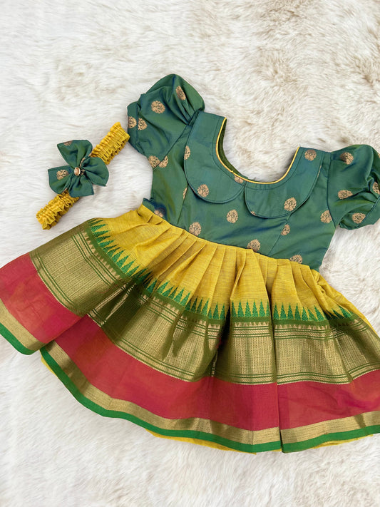 Dual Tone Green with Turmeric Yellow (Vintage Style Big Border)  - Ethnic Wear Frock for Baby Girl