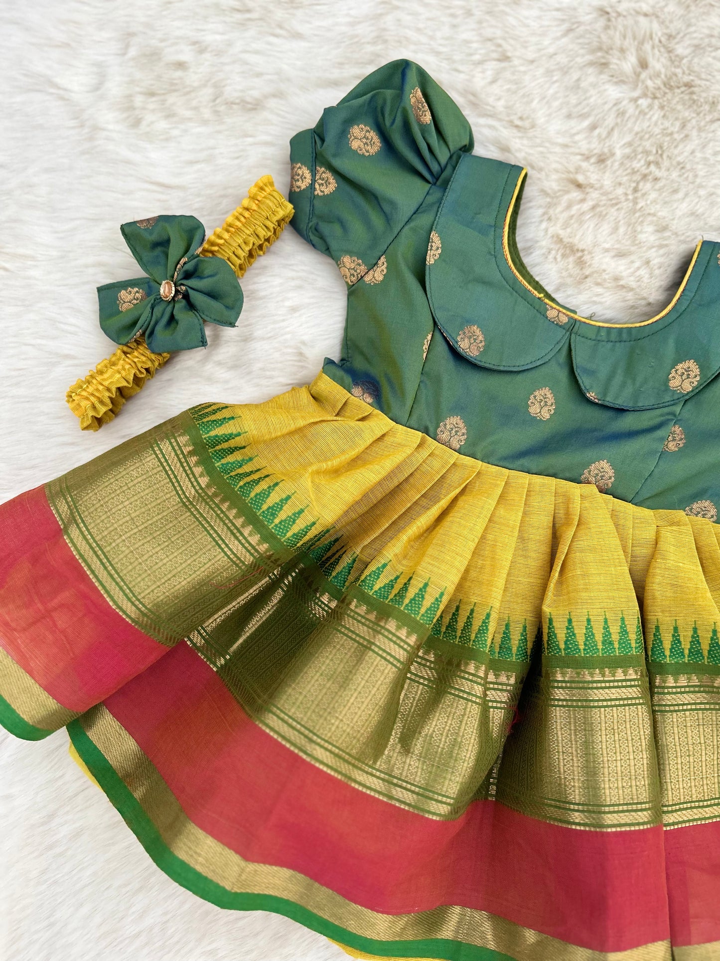 Dual Tone Green with Turmeric Yellow (Vintage Style Big Border)  - Ethnic Wear Frock for Baby Girl