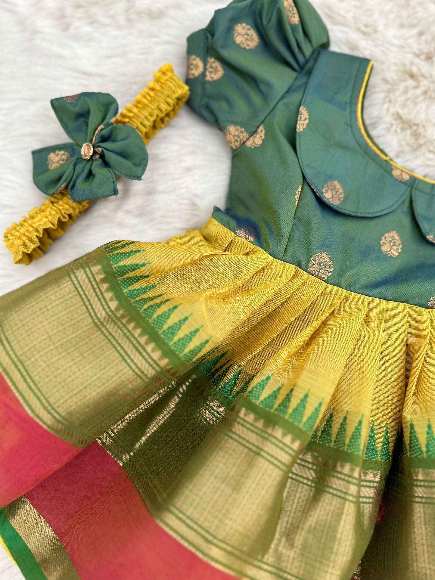 Dual Tone Green with Turmeric Yellow (Vintage Style Big Border)  - Ethnic Wear Frock for Baby Girl