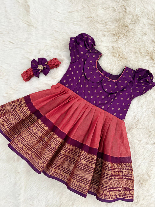 Wine with Coral Orange (Vintage Style Big Border)  - Ethnic Wear Frock for Baby Girl