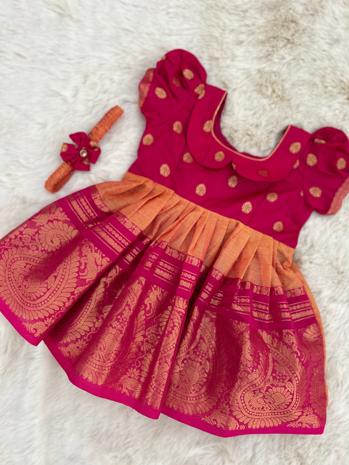 Pink with Divine Orange Kanchi Border  - Ethnic Wear Frock for Baby Girl