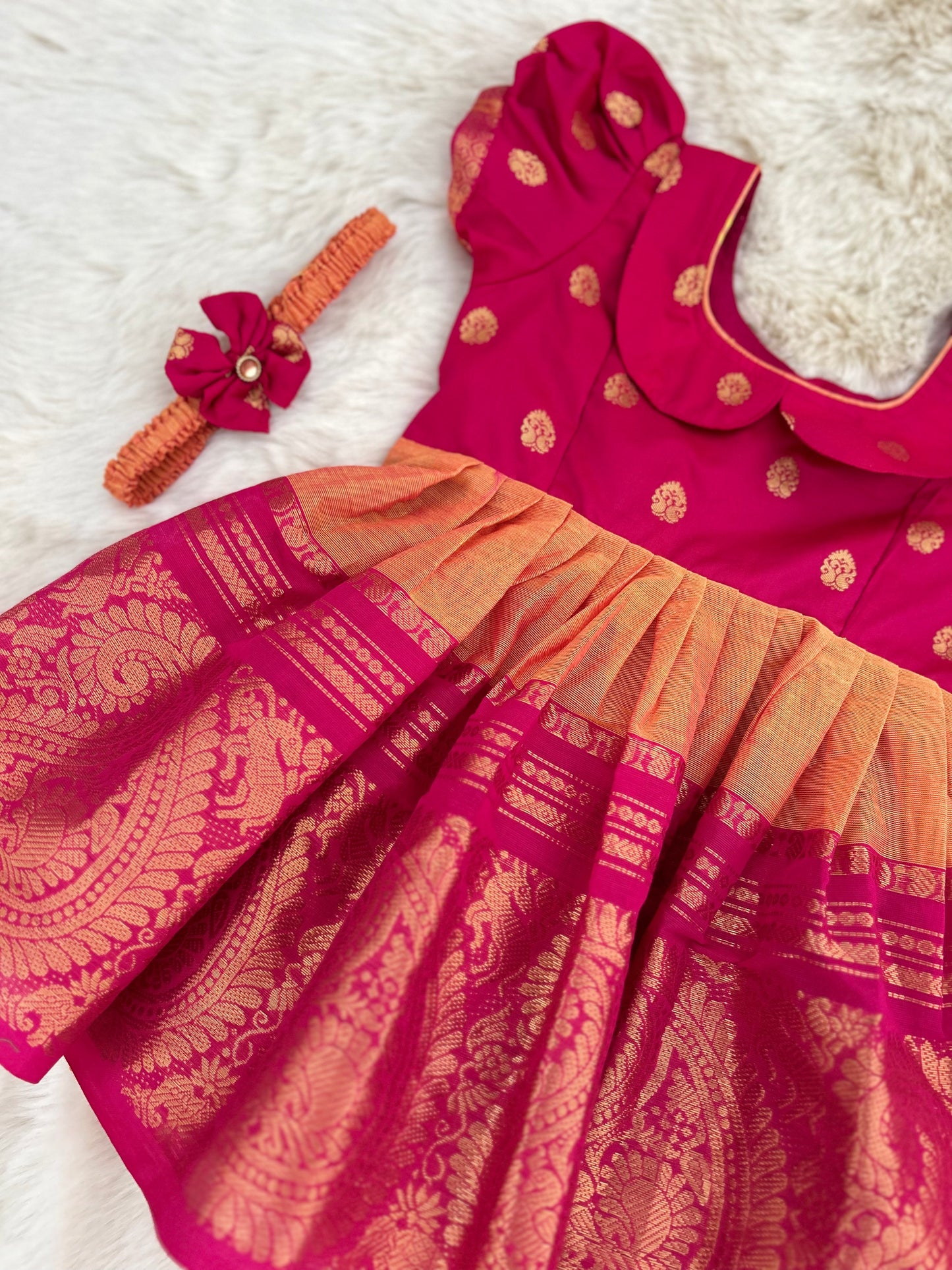 Pink with Divine Orange Kanchi Border  - Ethnic Wear Frock for Baby Girl