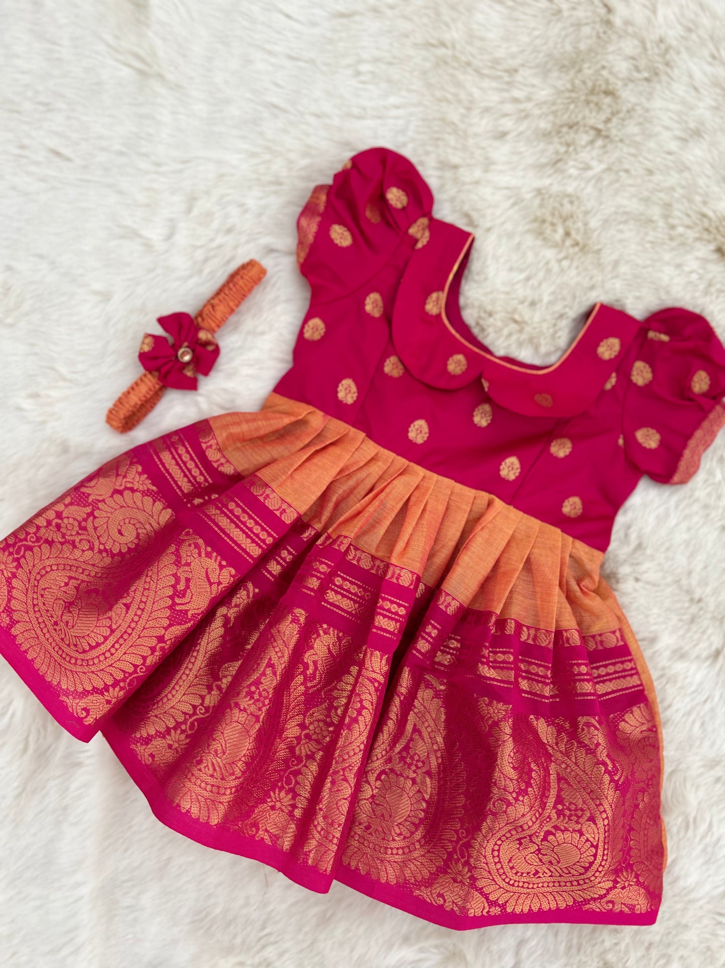 Pink with Divine Orange Kanchi Border  - Ethnic Wear Frock for Baby Girl