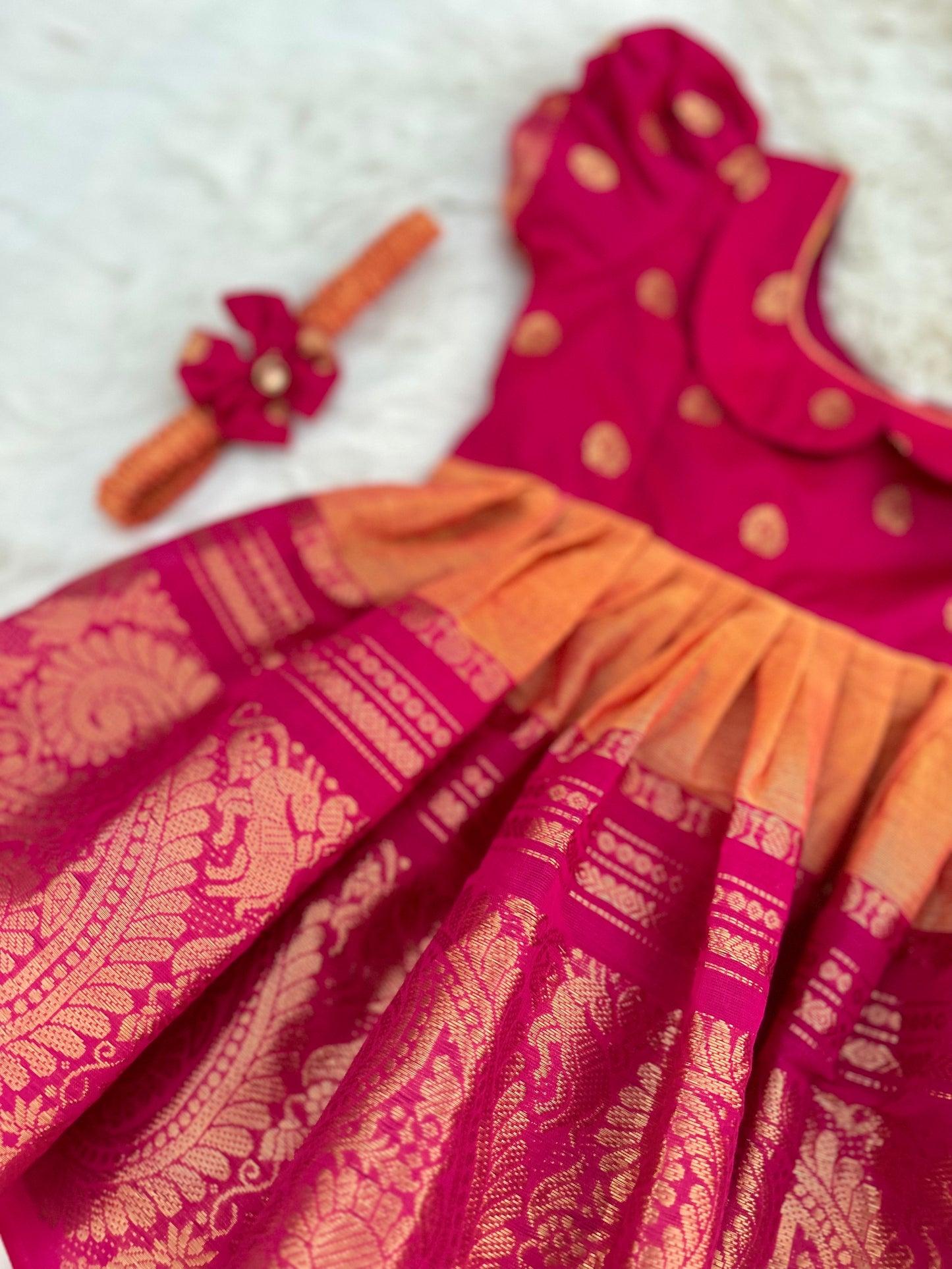 Pink with Divine Orange Kanchi Border  - Ethnic Wear Frock for Baby Girl