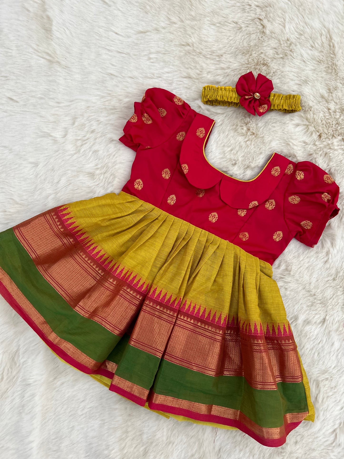 Pink with Turmeric Yellow Kanchi Border  - Ethnic Wear Frock for Baby Girl