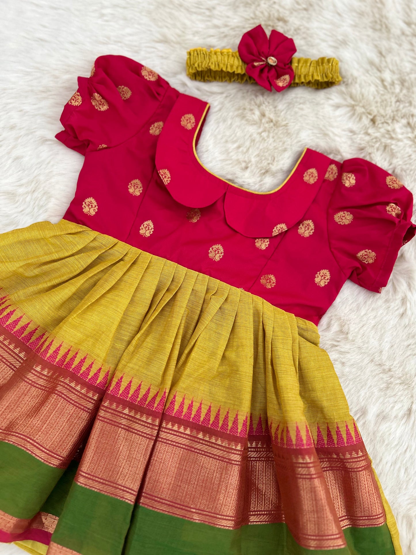 Pink with Turmeric Yellow Kanchi Border  - Ethnic Wear Frock for Baby Girl