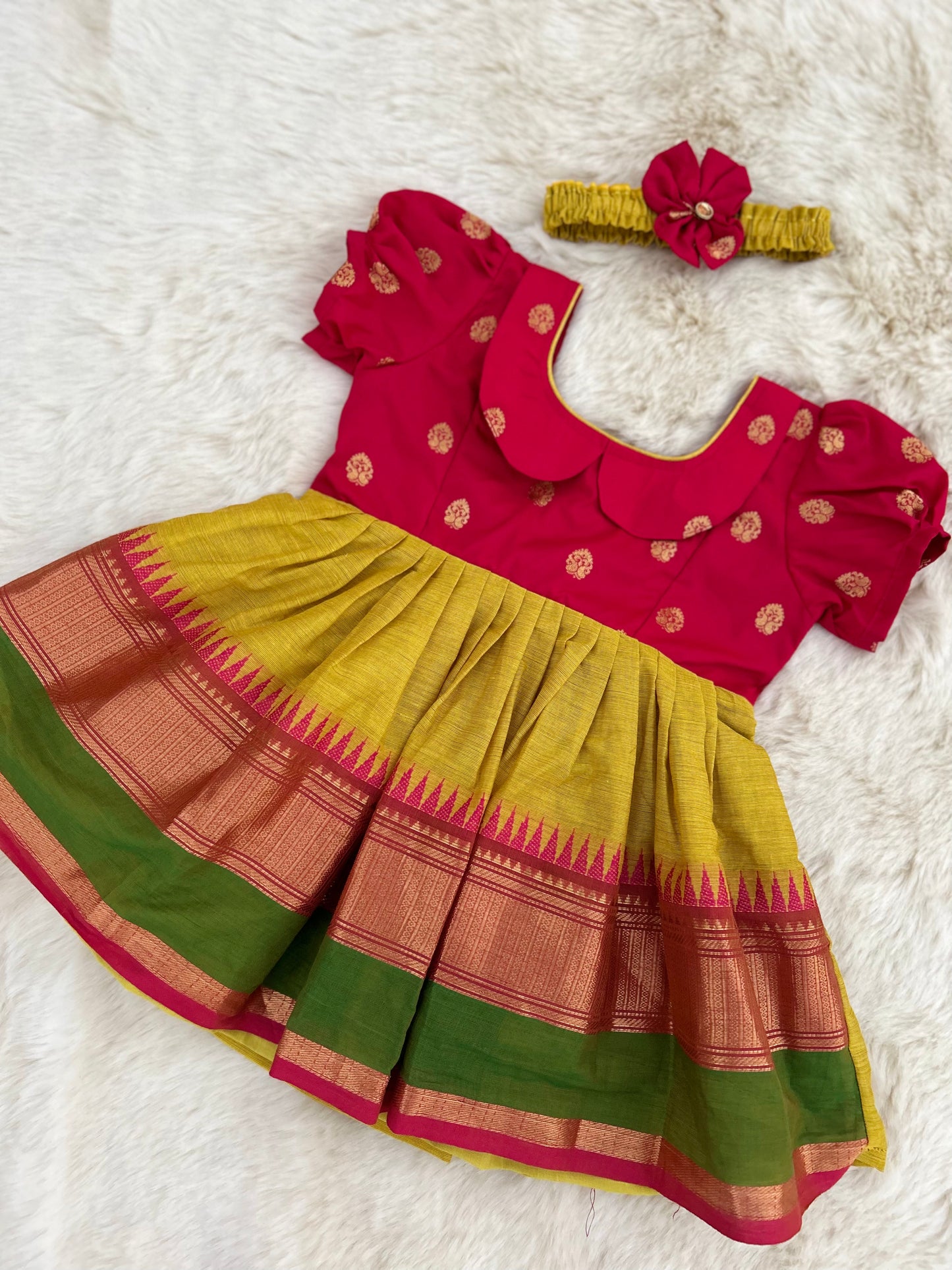 Pink with Turmeric Yellow Kanchi Border  - Ethnic Wear Frock for Baby Girl