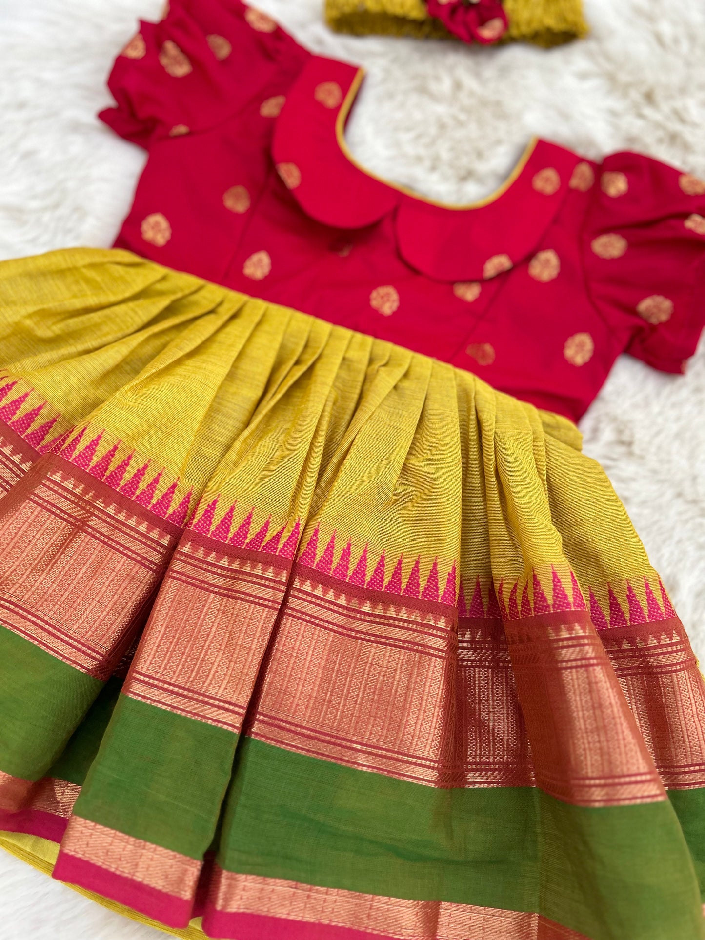 Pink with Turmeric Yellow Kanchi Border  - Ethnic Wear Frock for Baby Girl