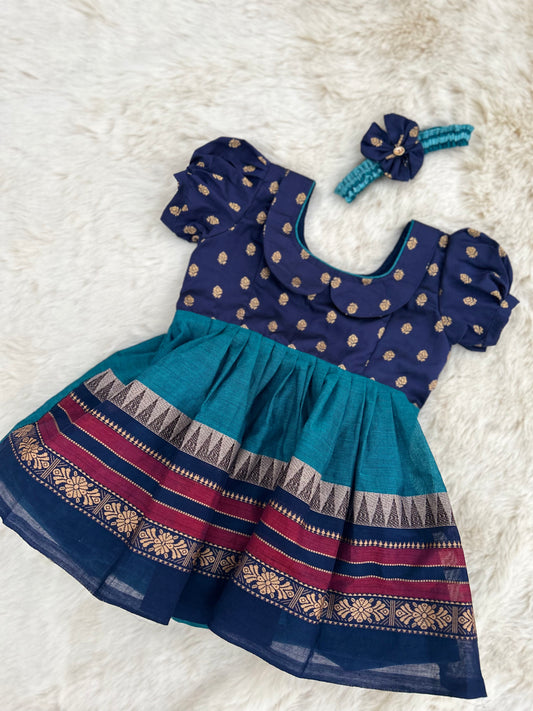 Navy Blue with Lighter blue Kanchi Border  - Ethnic Wear Frock for Baby Girl