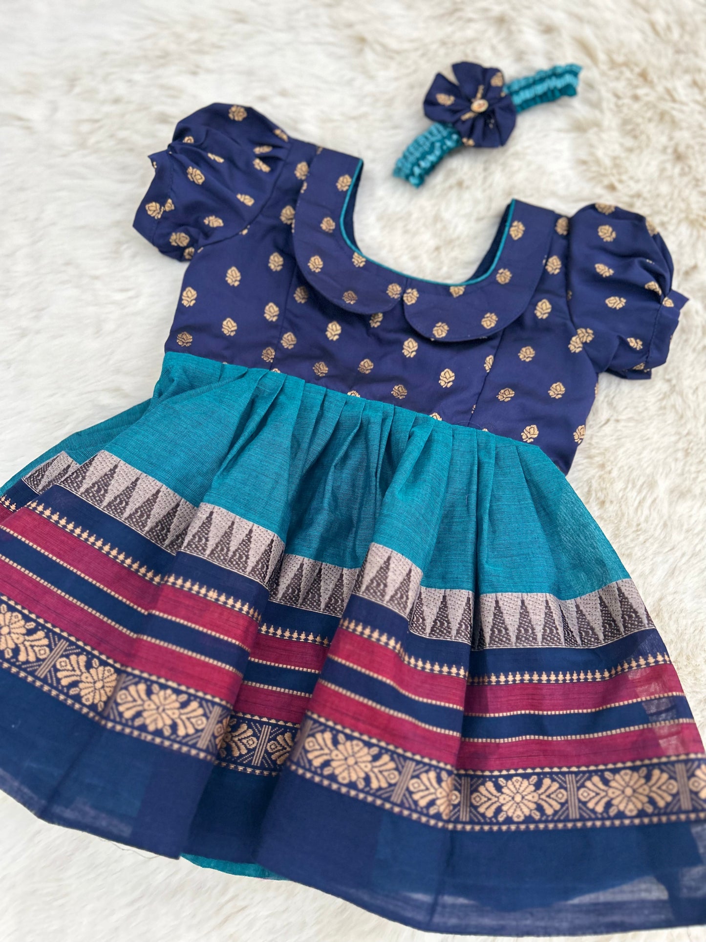 Navy Blue with Lighter blue Kanchi Border  - Ethnic Wear Frock for Baby Girl