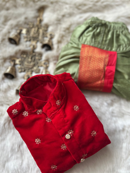 Velvet Red and saraswati color kurta dhoti ethnic wear for baby boy