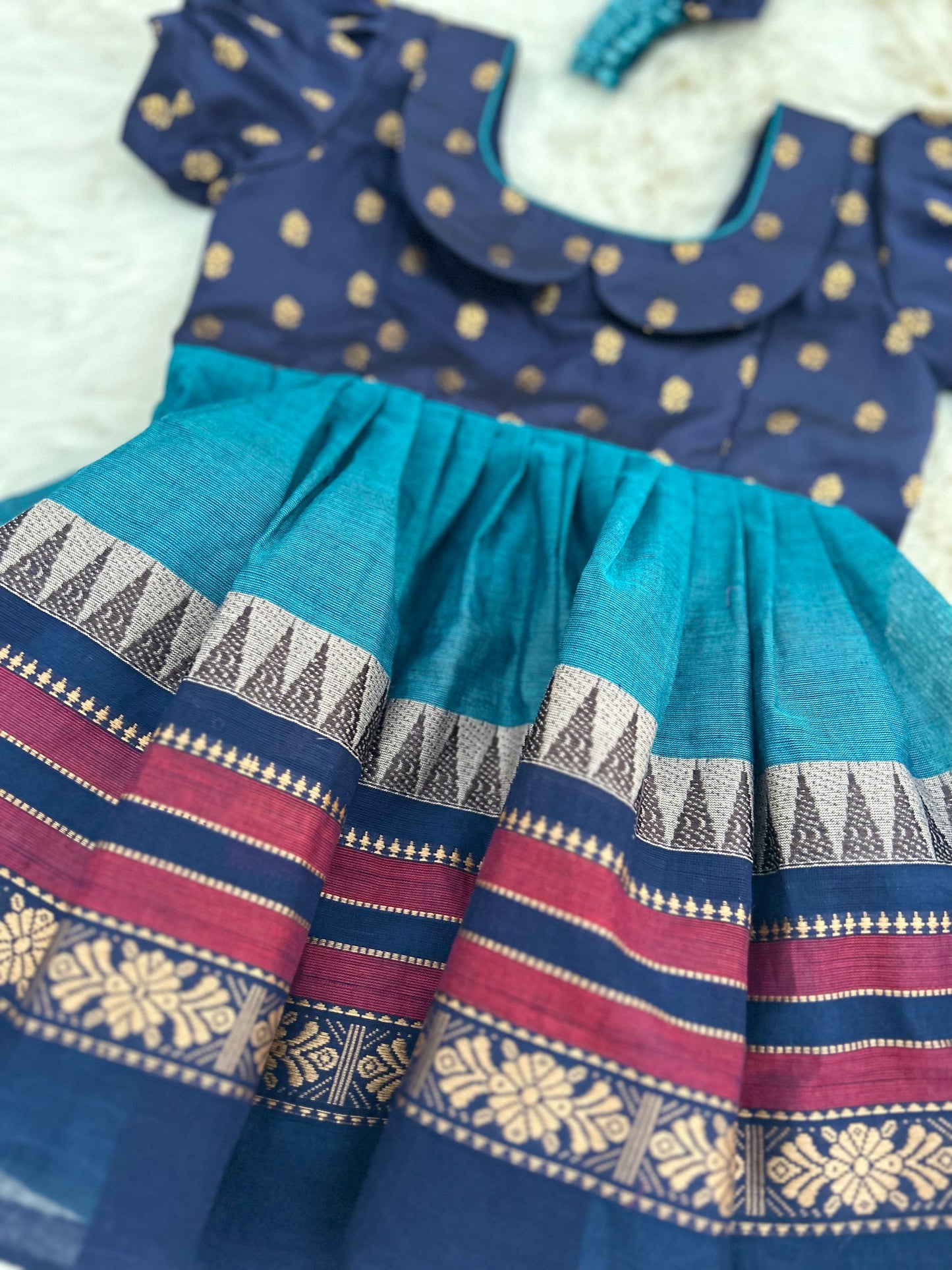 Navy Blue with Lighter blue Kanchi Border  - Ethnic Wear Frock for Baby Girl