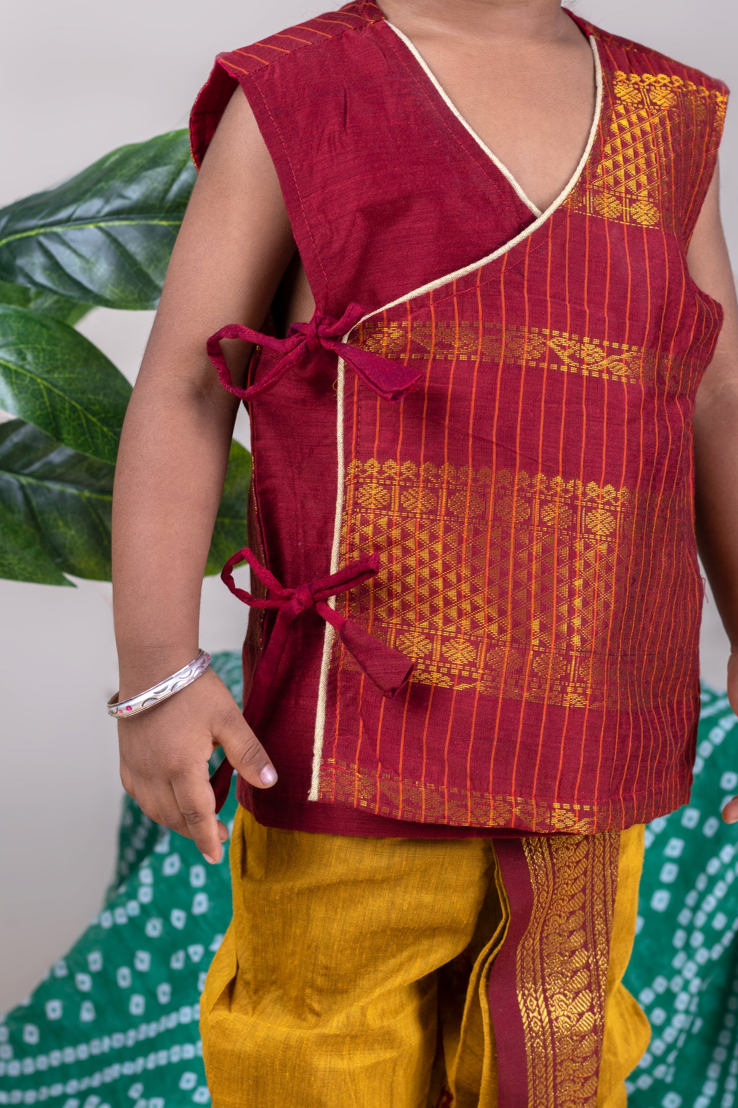 Maroon and mustard yellow - Angrakha kurta dhoti ethnic wear(Sleeveless) for baby boy