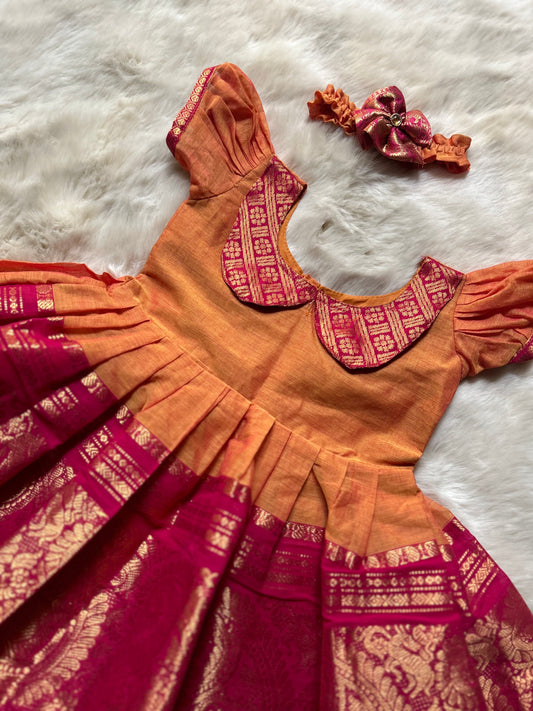 Saffron yellow and pink border (Vintage collar neck)  - Ethnic Wear Frock for Baby Girl