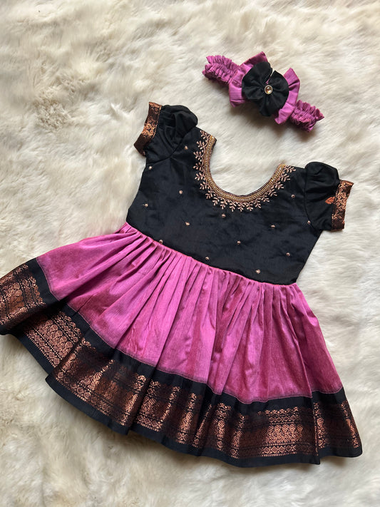 Pink and Black (Embroidered Neck)- Kanchi Cotton Silk Ethnic Wear for Baby Girl