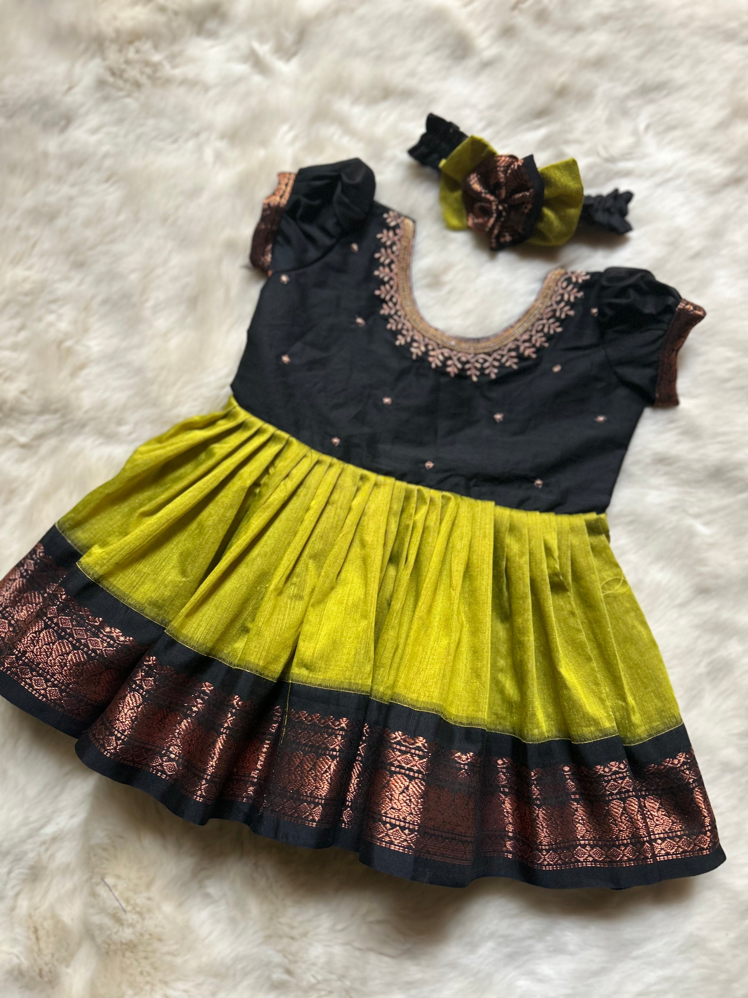 Green and Black (Embroidered Neck)- Kanchi Cotton Silk Ethnic Wear for Baby Girl