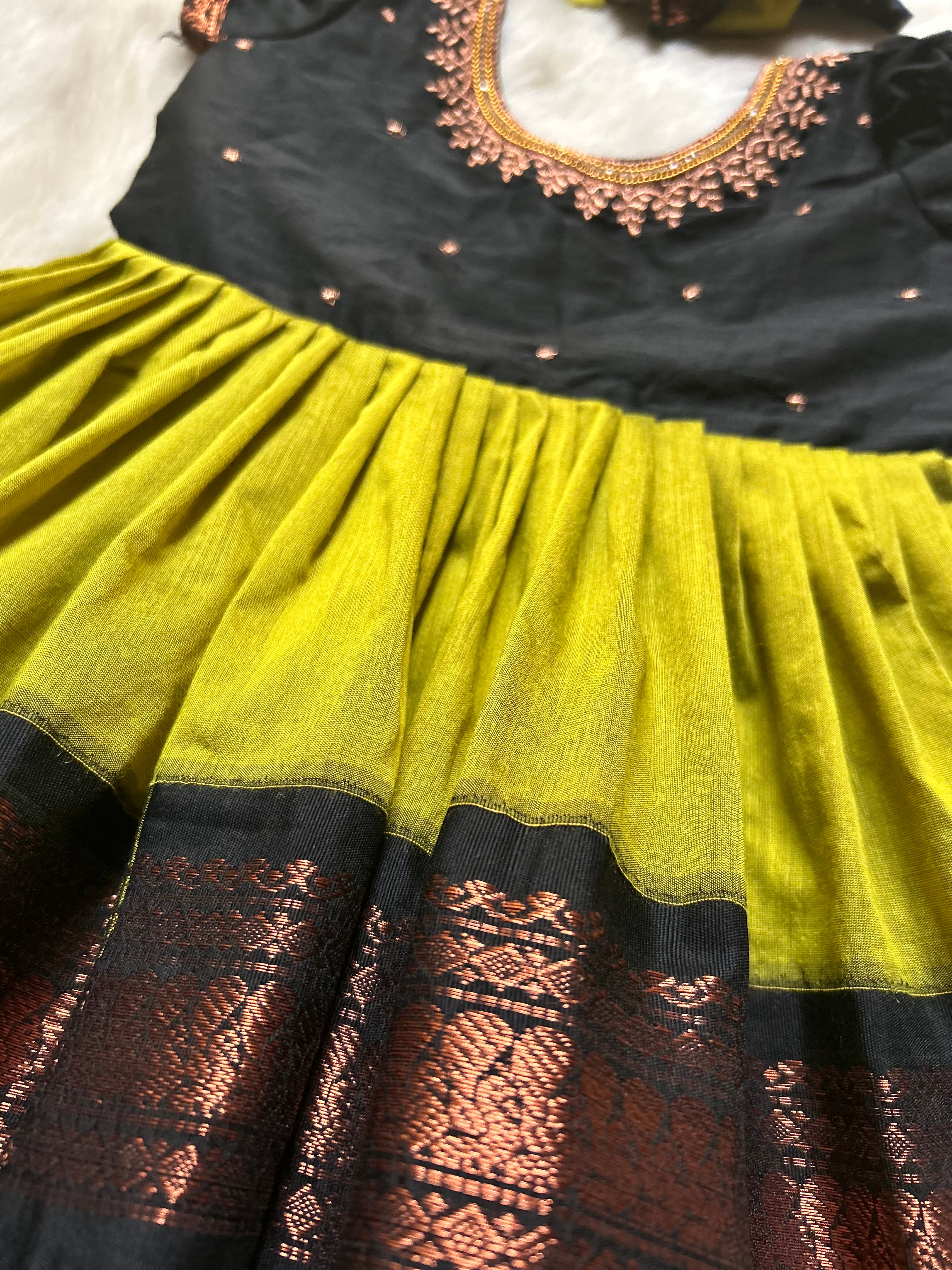Green and Black (Embroidered Neck)- Kanchi Cotton Silk Ethnic Wear for Baby Girl