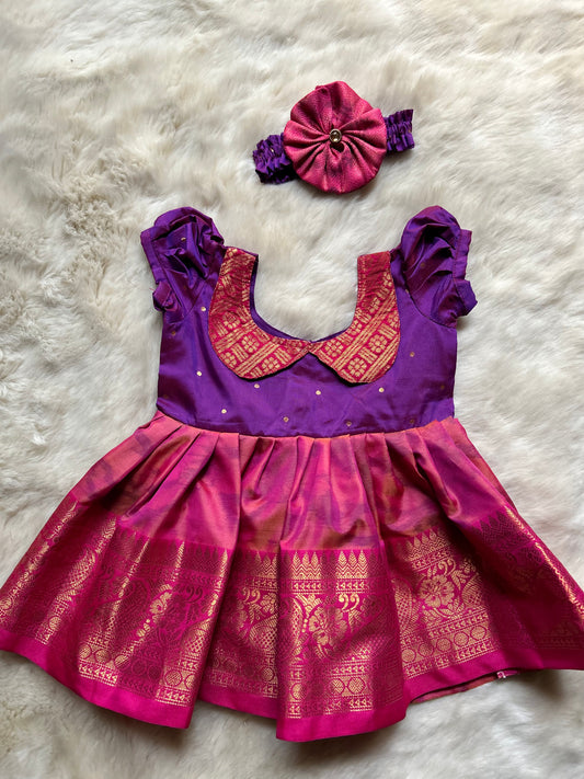 Dual Tone Purple and Pink Green - Pochampally Silk Ethnic Wear Frock (Collar Type) for Baby Girl