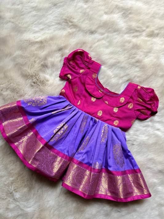 Magenta Pink and Lavender (Vintage Collar Type) - Silk Ethnic Wear for Baby Girl