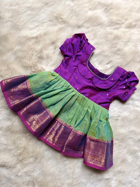 Purple Dual Tone and Pleasant Green (Vintage Collar Type) - Kanchi Cotton Silk Ethnic Wear for Baby Girl