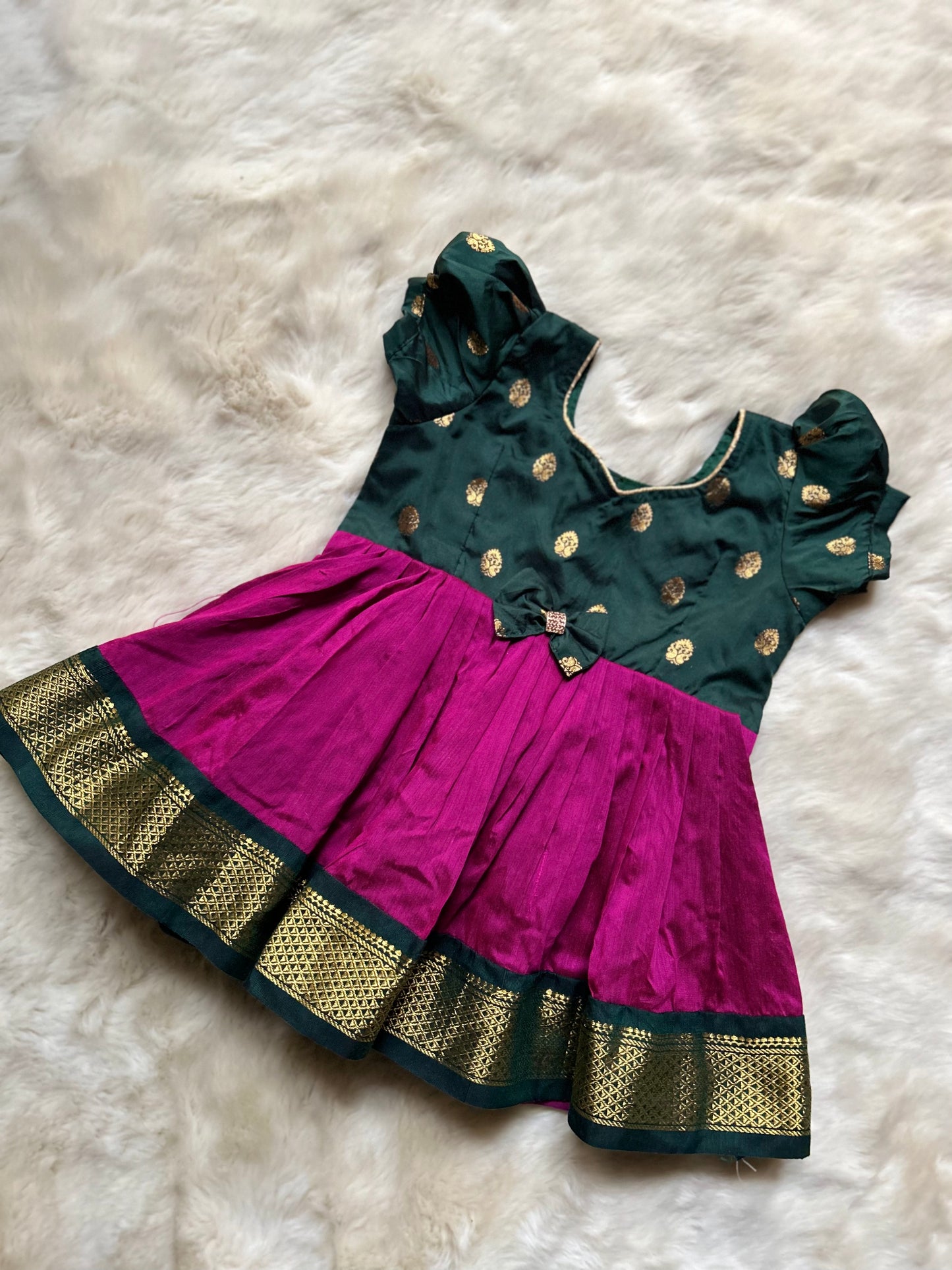 Bottle Green and Dark Pink - Kanchi Cotton Silk Ethnic Wear for Baby Girl