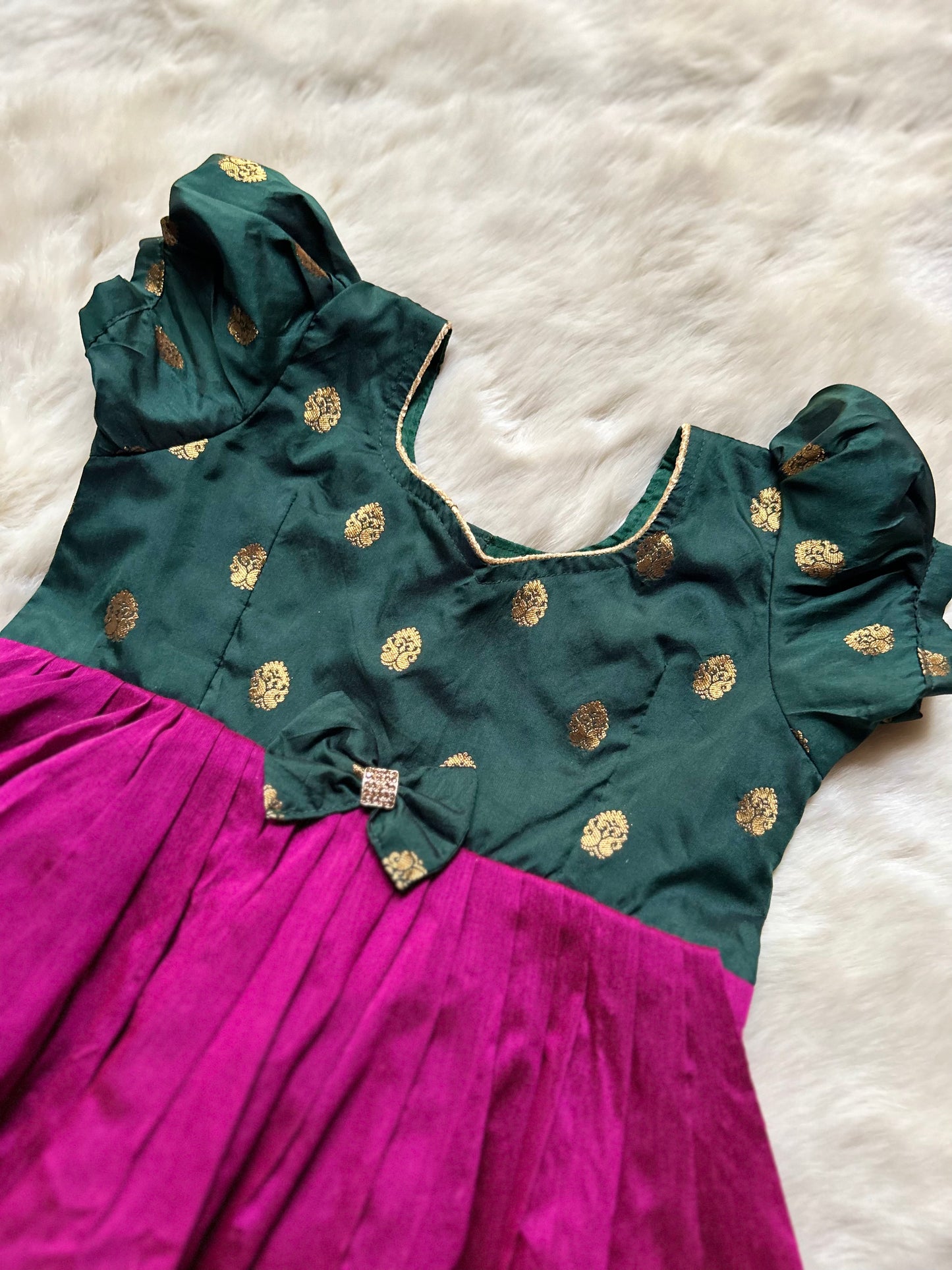 Bottle Green and Dark Pink - Kanchi Cotton Silk Ethnic Wear for Baby Girl