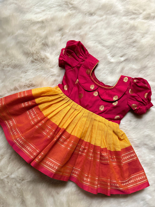 Pinkish Red and Turmeric Yellow (Vintage Collar Type) - Kanchi Cotton Silk Ethnic Wear for Baby Girl