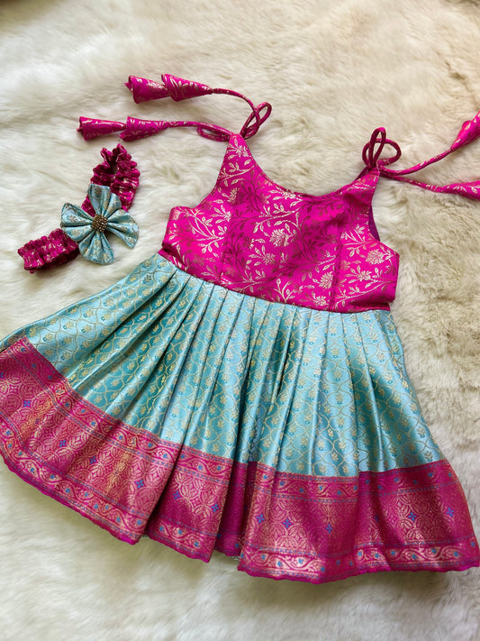 Ananda blue and pink tie up ethnic wear for baby girl