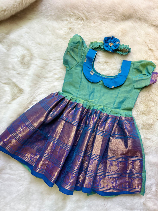 Mint Green and Blue (Big Border collar neck type) - Kanchi Cotton silk Ethnic Wear Frock for Baby Girl