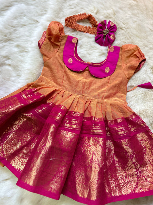 Sandalwood yellow with pink (Big Border collar neck type) - Kanchi Cotton silk Ethnic Wear Frock for Baby Girl