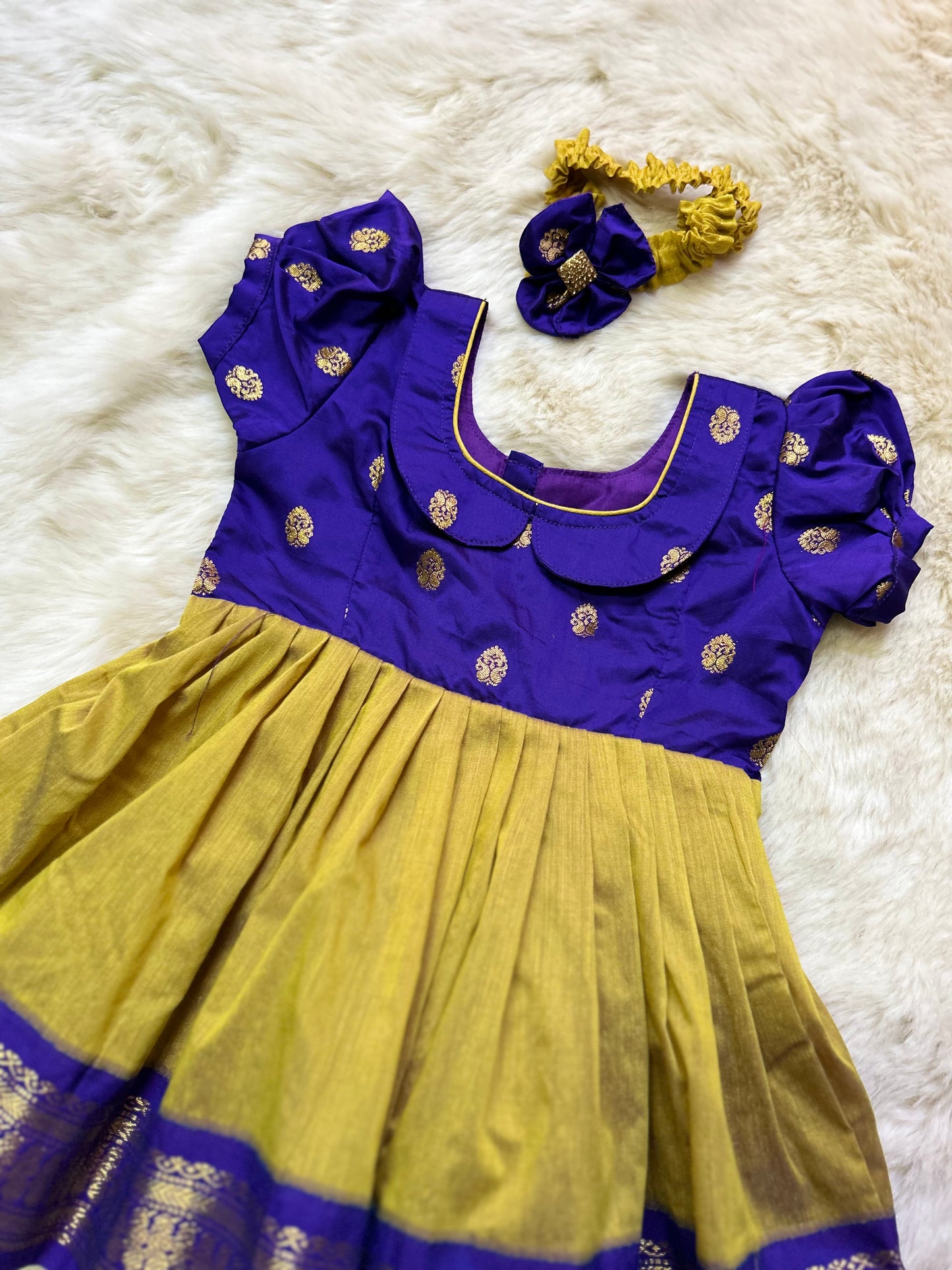 Dry grass green with purple (collar neck type) - Kanchi Cotton silk Ethnic Wear Frock for Baby Girl