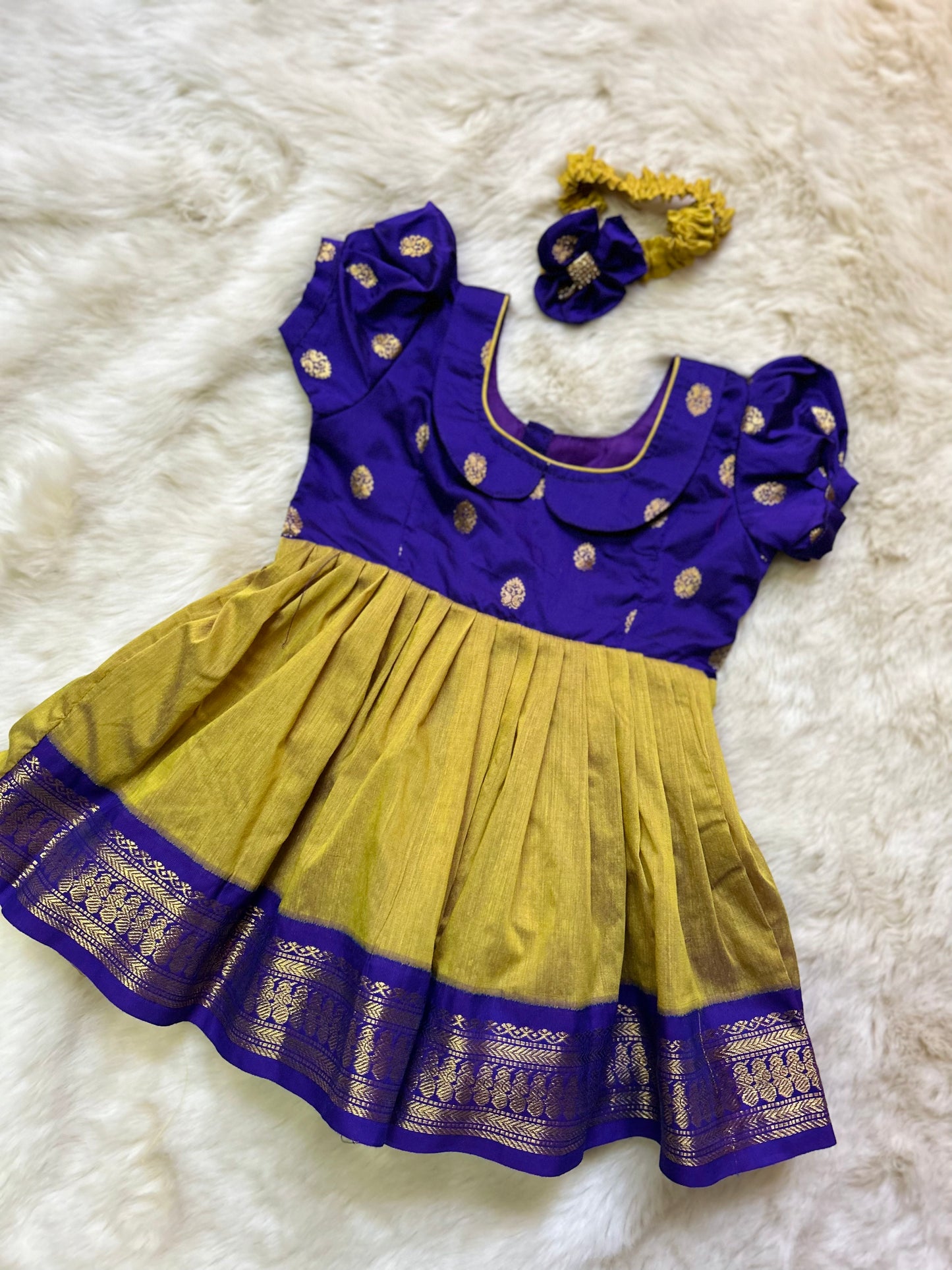 Dry grass green with purple (collar neck type) - Kanchi Cotton silk Ethnic Wear Frock for Baby Girl