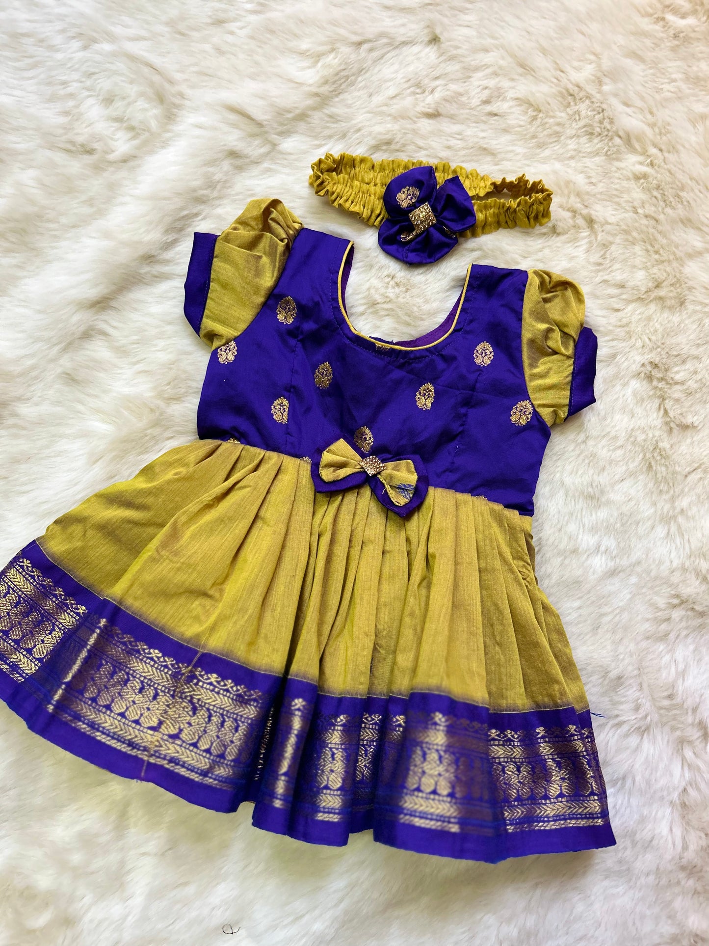 Dry grass green with purple with bow- Kanchi Cotton silk Ethnic Wear Frock for Baby Girl