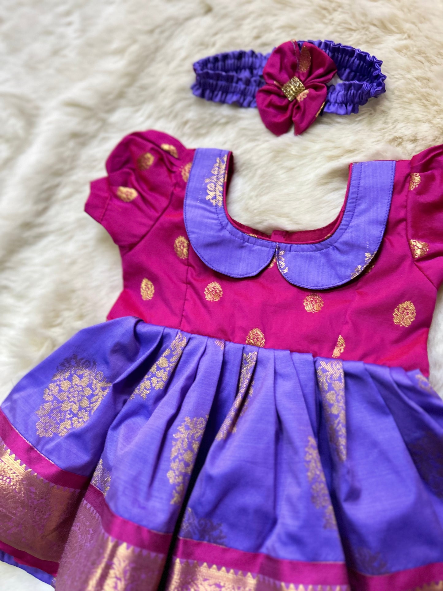 Magenta Pink and Lavender (Vintage Collar Type contrast) - Silk Ethnic Wear for Baby Girl