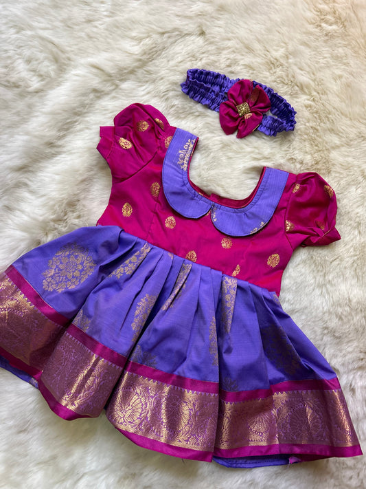 Magenta Pink and Lavender (Vintage Collar Type contrast) - Silk Ethnic Wear for Baby Girl