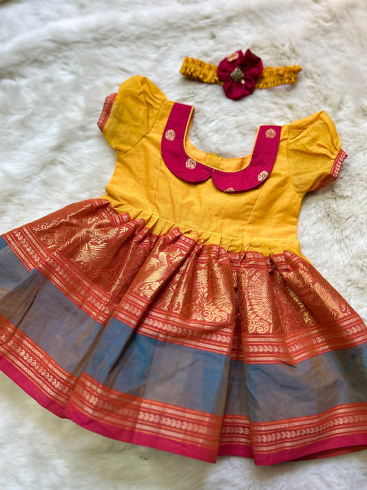 Pink with Turmeric Yellow Kanchi Border (Vintage collar type)  - Ethnic Wear Frock for Baby Girl