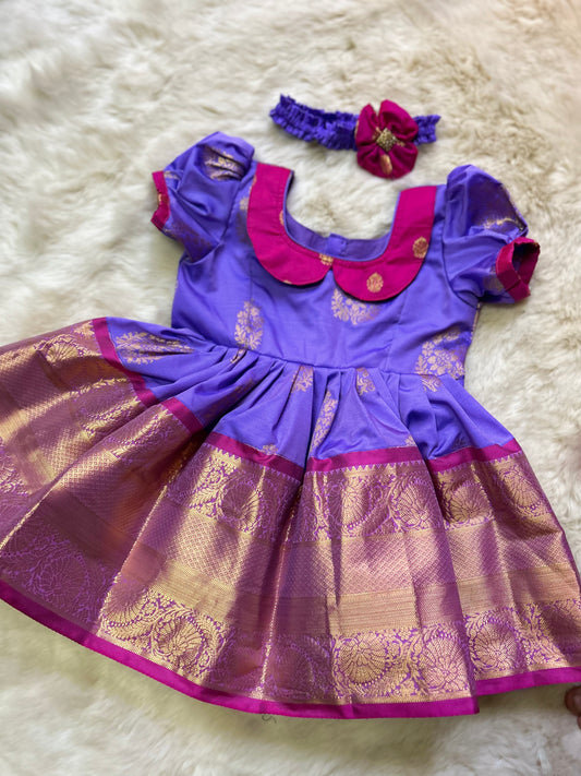 Pleasant Pink and Lavender Big border (Contrast Collar Type) - Silk Ethnic Wear Frock for Baby Girl