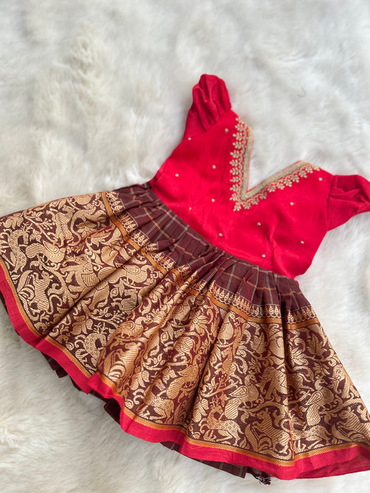 Embroidered v neck red and brown - Kanchi Cotton Ethnic Wear Frock for Baby Girl