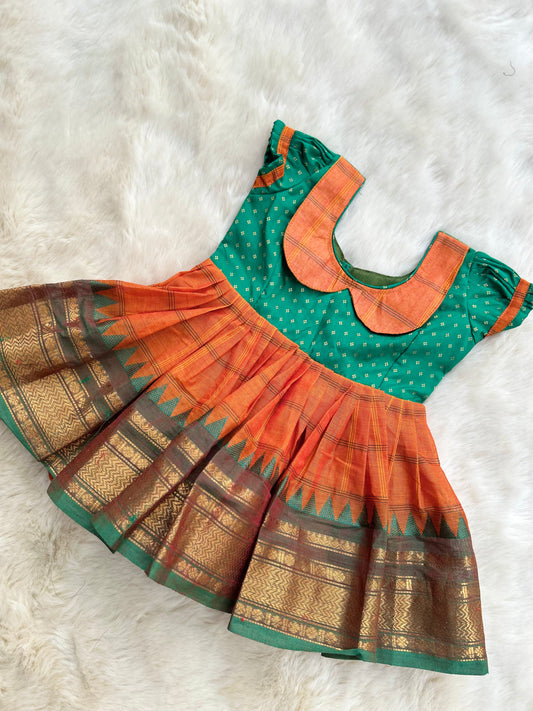 Saffron Orange and Green (Vintage Collar Type) - Kanchi Cotton Ethnic Wear Frock for Baby Girl