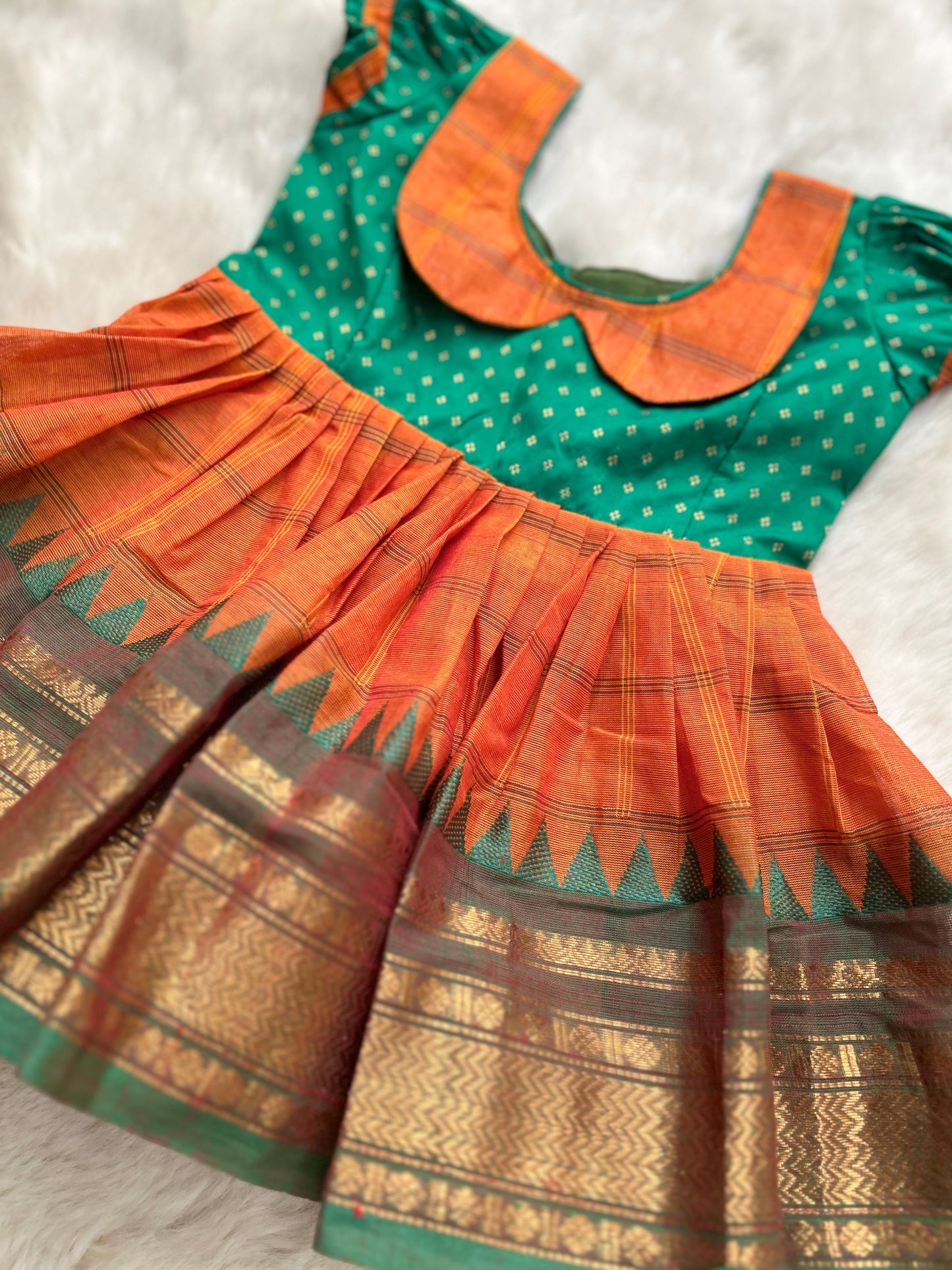 Saffron Orange and Green (Vintage Collar Type) - Kanchi Cotton Ethnic Wear Frock for Baby Girl