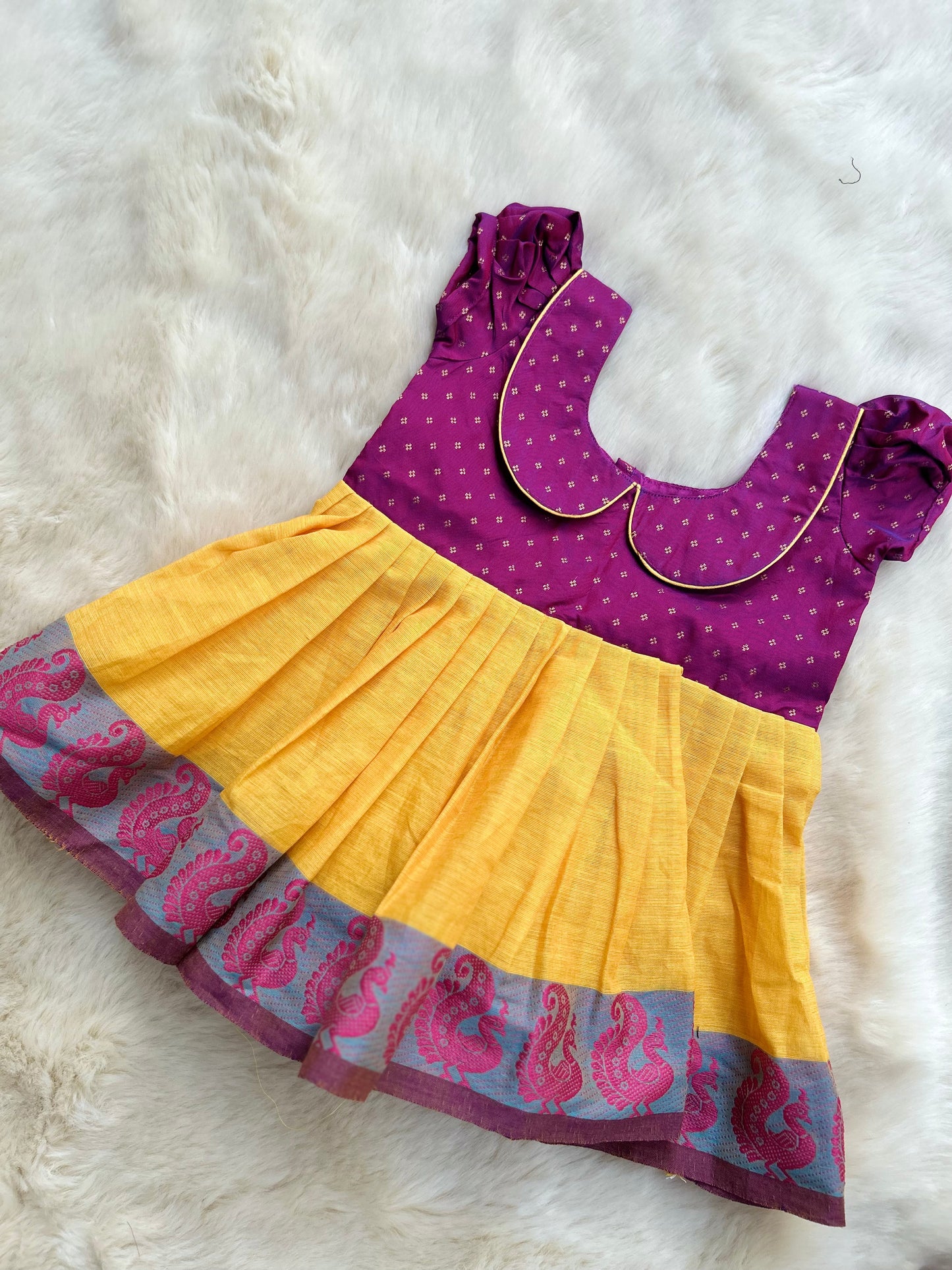 Dual shade purple with yellow (Vintage Collar Type) - Kanchi Cotton Ethnic Wear Frock for Baby Girl