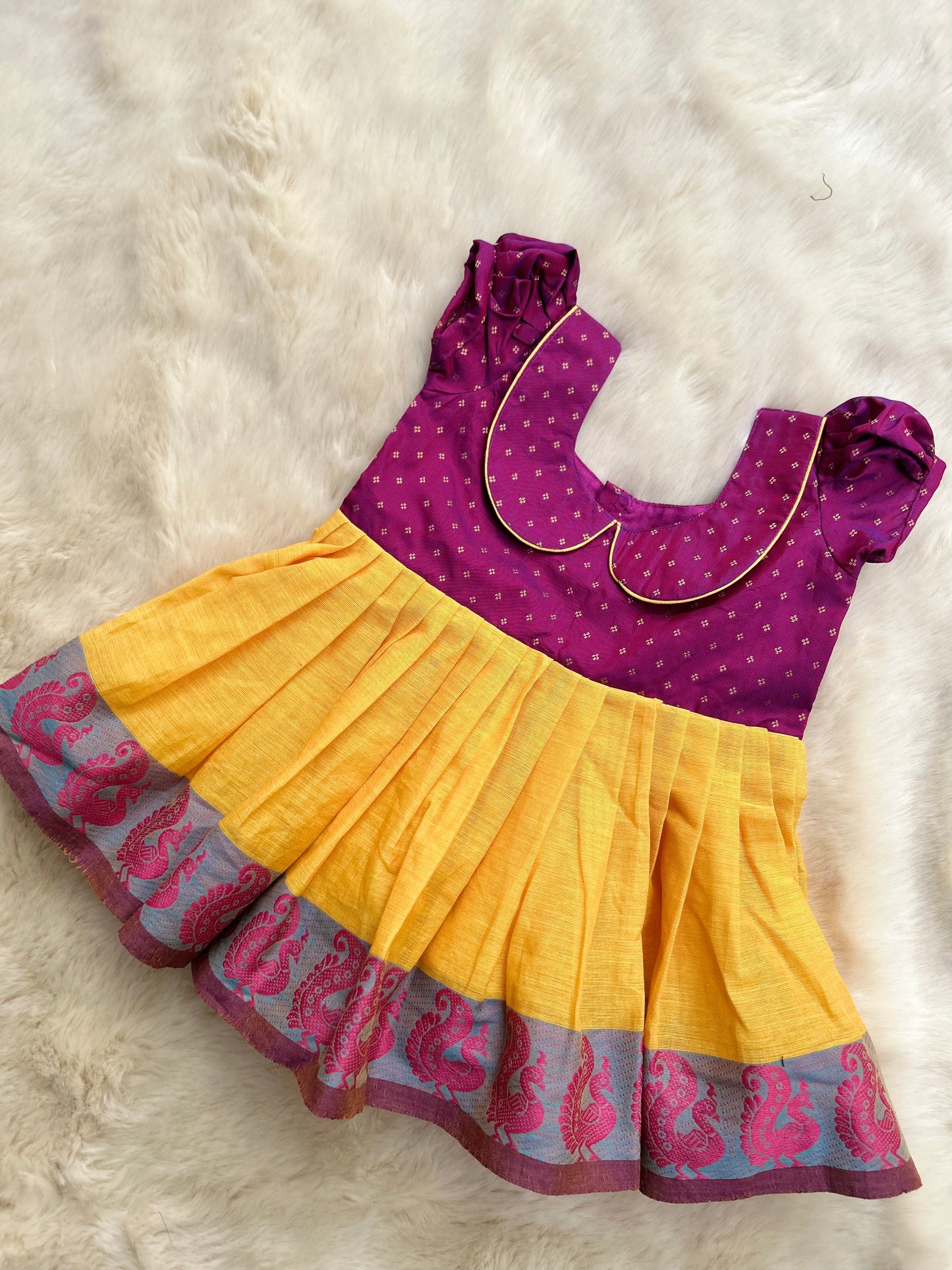 Dual shade purple with yellow (Vintage Collar Type) - Kanchi Cotton Ethnic Wear Frock for Baby Girl