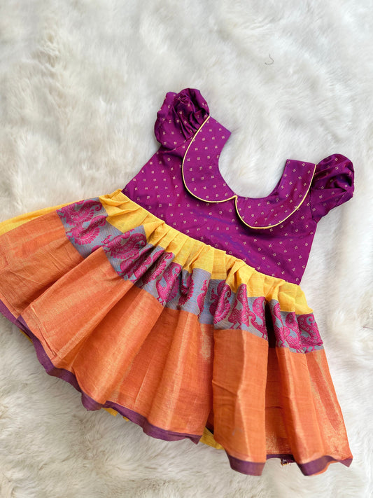 Dual shade purple with yellow (Vintage Collar Type, Big Border) - Kanchi Cotton Ethnic Wear Frock for Baby Girl