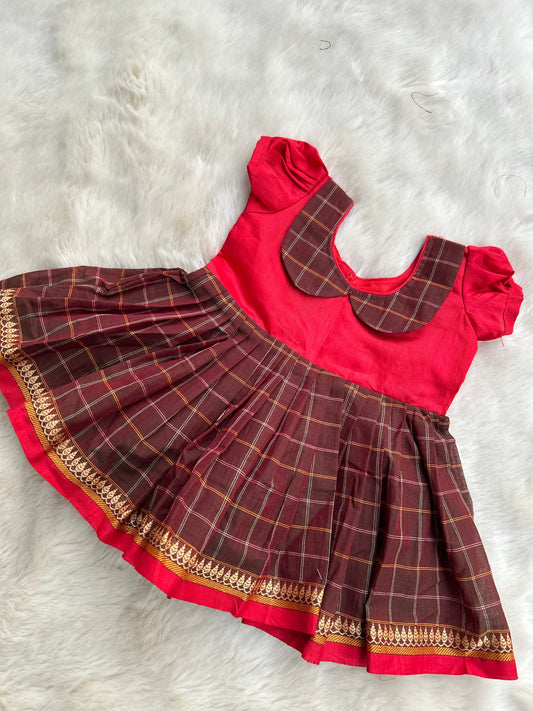 Red and brown - Kanchi Cotton Ethnic Wear Frock for Baby Girl