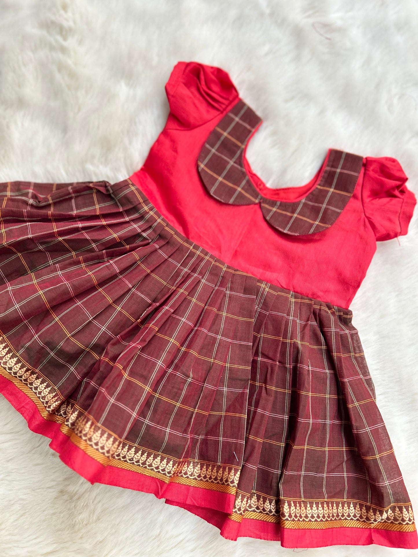 Red and brown - Kanchi Cotton Ethnic Wear Frock for Baby Girl