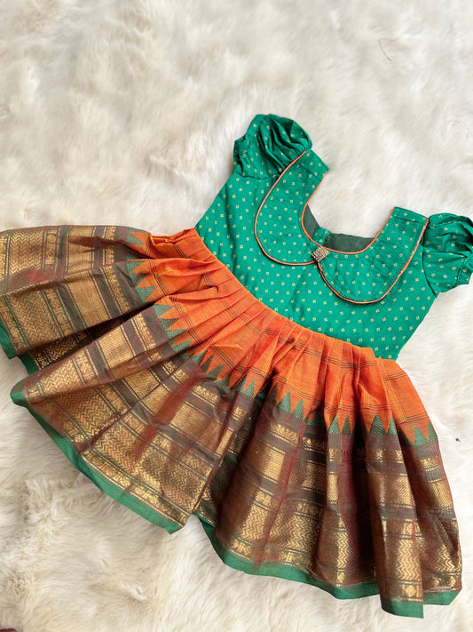 Saffron Orange and Green (Vintage Collar Type 2) - Kanchi Cotton Ethnic Wear Frock for Baby Girl