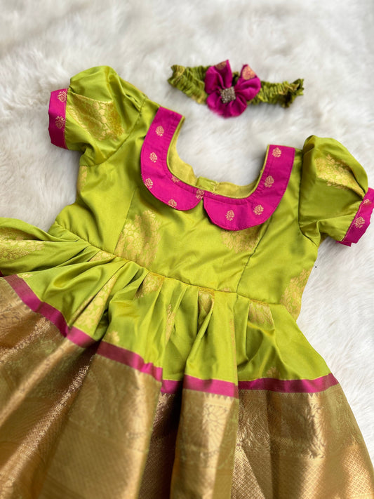 Pleasant Pink and Parrot Green (Contrast Collar Type) - Silk Ethnic Wear Frock for Baby Girl