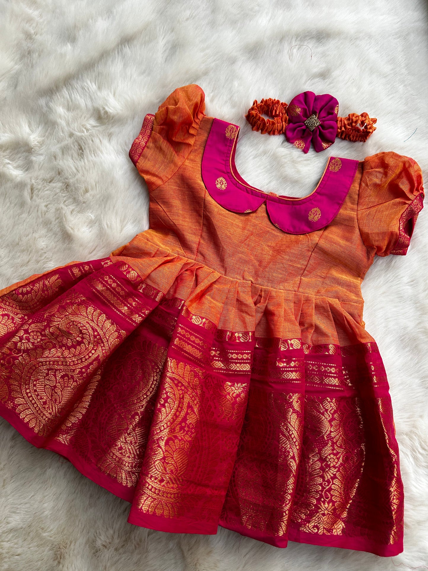 Sandalwood yellow with pink (Big Border collar neck type) - Kanchi Cotton silk Ethnic Wear Frock for Baby Girl